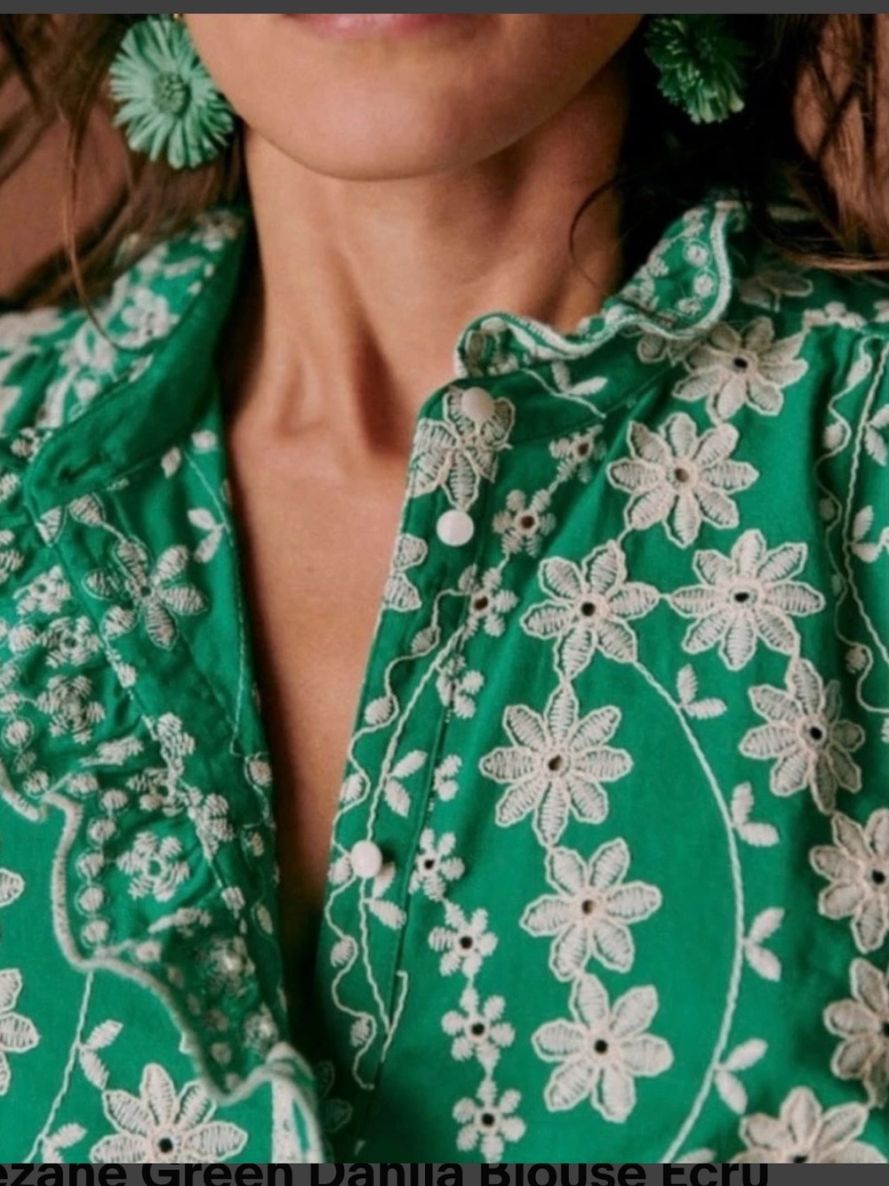 Sézane Green Dahlia Blouse Ecru Embroidery Short Sleeve Ruffle Med French 38/US6 - Picture 2 of 11